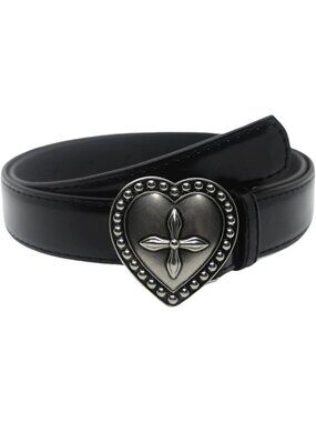 Women Black With Silver Heart Soft Faux Leather Vintage Y2k Western Cowgirl Belt